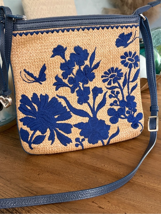 Brighton Handbags - Brighton Blossom Hill Carter Straw Messenger Bag Purse-royal blue embroidered